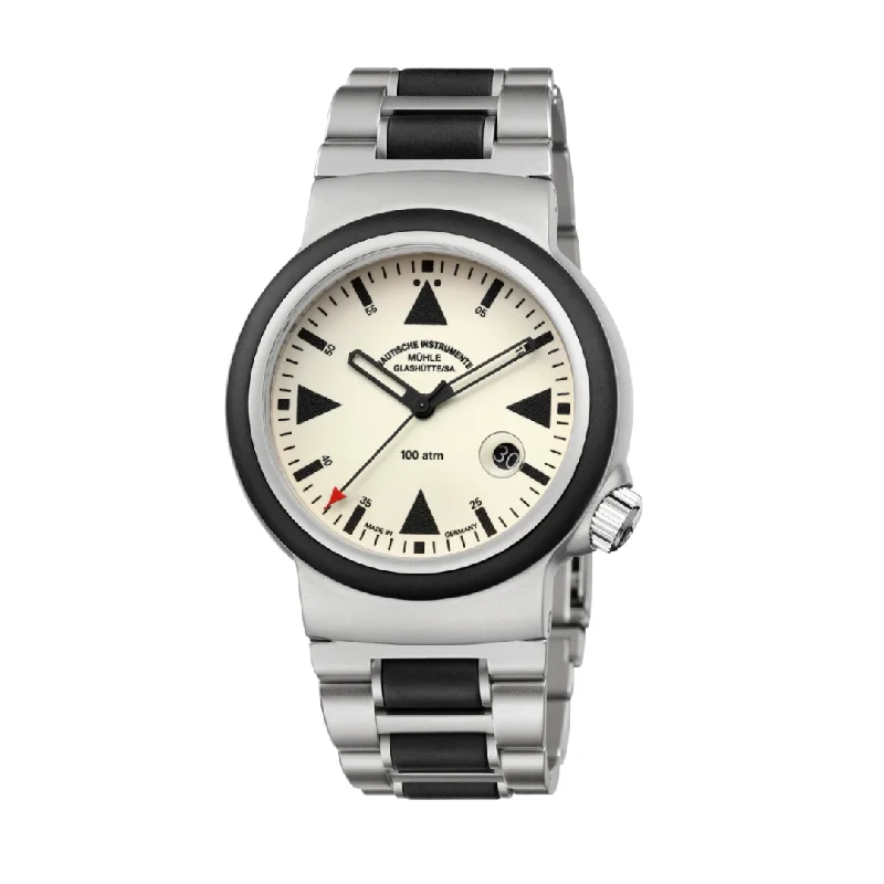 men's mechanical watches with kinetic display -MÜHLE-GLASHÜTTE S.A.R. RESCUE-TIMER LUMEN M1-41-08-MB AUTOMATIC METAL STRAP MEN WATCH
