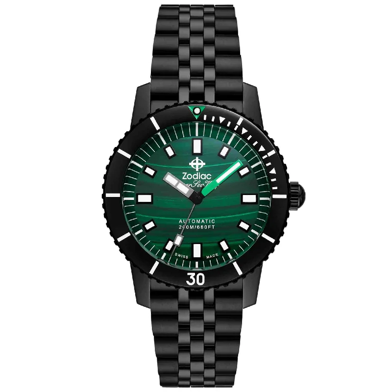men's skeletonized watches for outdoor activities -Zodiac Super Sea Wolf Compression Diver Automatic Malachite SS