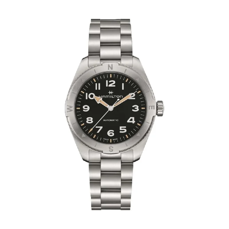 rectangular-case dress watches-Khaki Expedition 41mm, Black on Bracelet