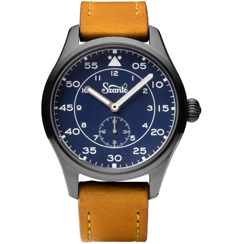 men's field watches with tide style design -Szanto Heritage Aviator Blue Tan