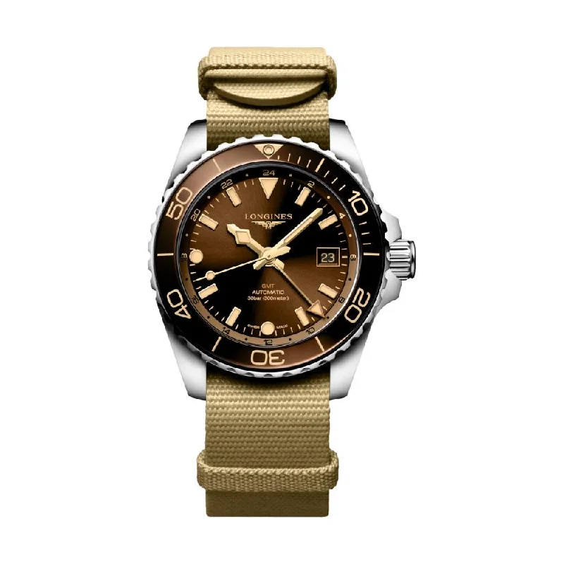 men's solar powered digital watches -HydroConquest GMT Brown Dial 41mm on Fabric One Piece Strap