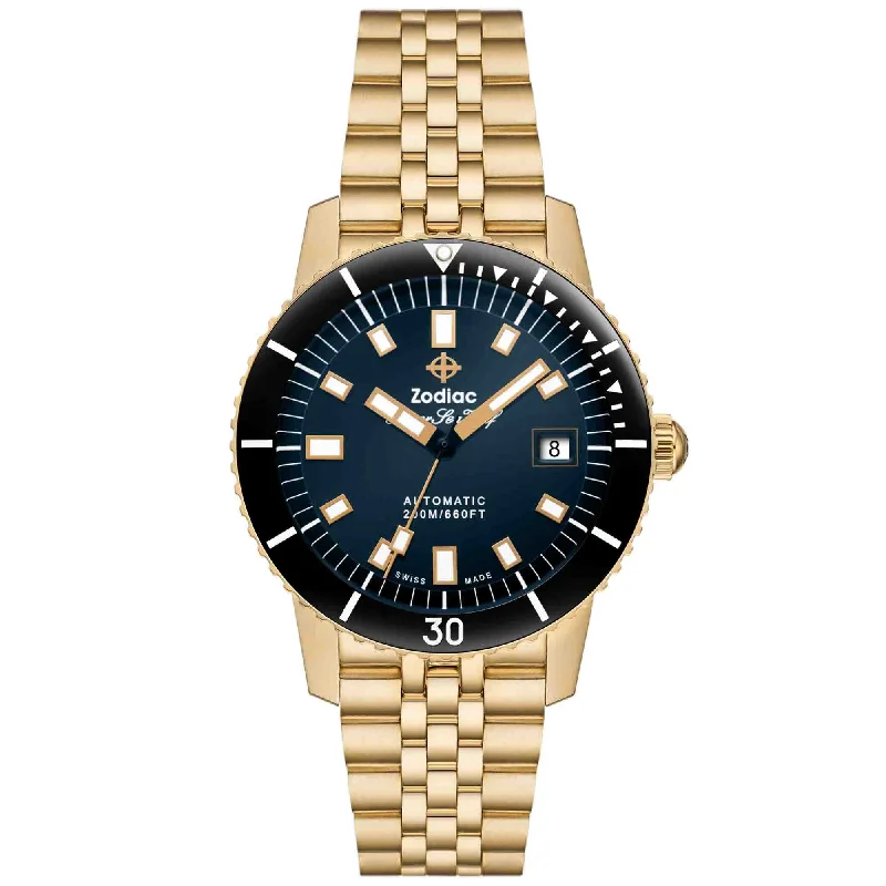 men's skeletonized watch brands -Zodiac Super Sea Wolf Compression Diver Automatic 18K Gold-Plated Limited Edition