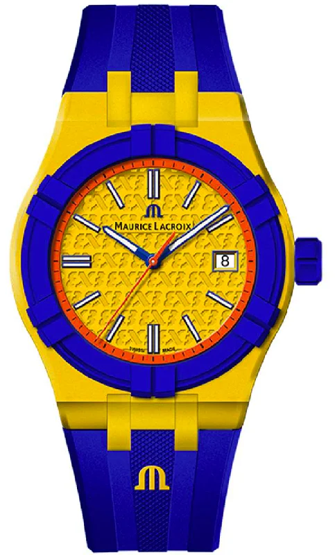 men's digital watches with perpetual calendar -Maurice Lacroix Aikon Quartz TIDE FIBA Yellow Blue Special Edition D