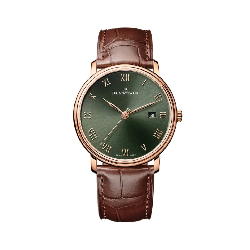 men's field watches with anniversary edition style design -Villeret Extraplate Red Gold 40mm - Green Dial on Leather Strap