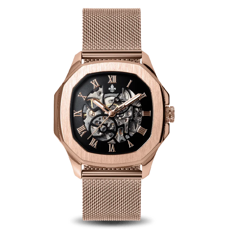 men's mechanical watches with monogram engraving design -The Avalon Rose Gold + Rose Gold Mesh Strap men's mechanical watches with monogram engraving design -The Avalon Rose Gold + Rose Gold Mesh Strap
