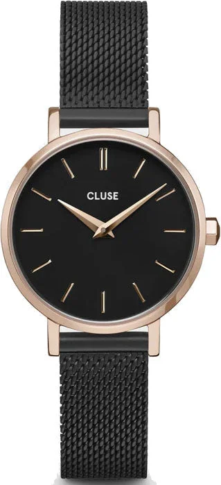 affordable women's mechanical watches -Cluse Boho Chic Petite Mesh Black Rose Gold