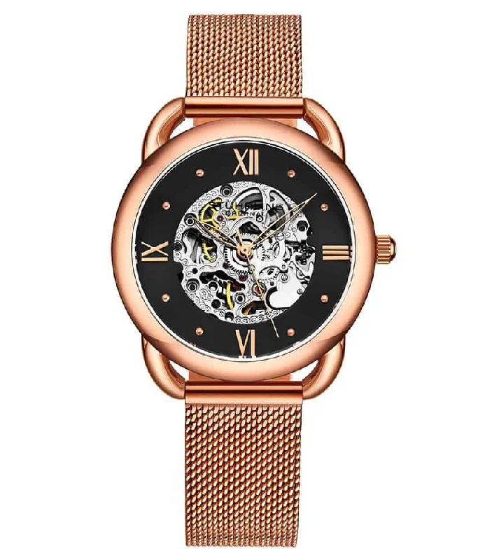 Black Dial / Rose Case / Rose Stainless Steel Bracelet Rose Gold Layered Foldover Buckle