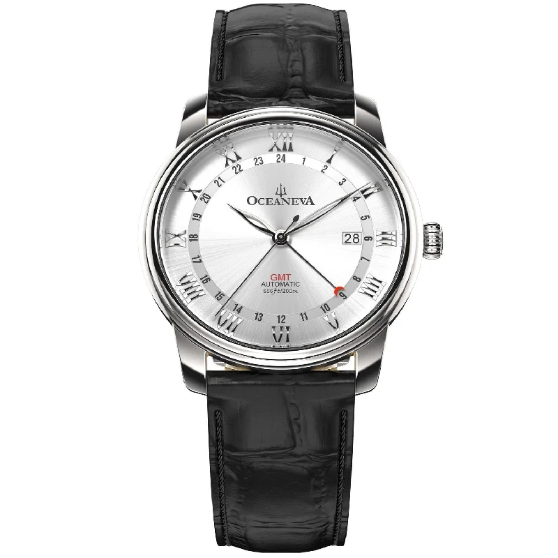 luxury men's skeletonized watches with leather strap -Oceaneva OceanTrek GMT 200m Automatic Silver Black luxury men's skeletonized watches with leather strap -Oceaneva OceanTrek GMT 200m Automatic Silver Black