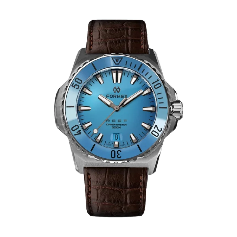 watch-and-tie combos-Baby REEF Automatic Chronometer COSC 300M Bahama 39.5 mm - Blue on Brown Crocodile Pattern Strap