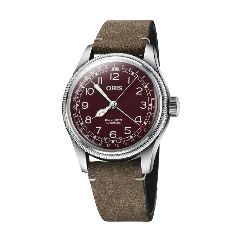 titanium-case dress watches-Big Crown Pointer Date Steel Maroon Dial Brown Strap