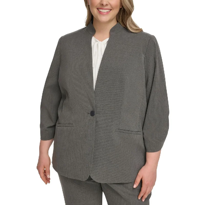 Calvin Klein Womens Plus Pinstripe Office One-Button Blazer