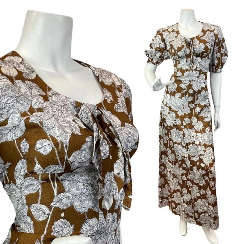 VINTAGE 60s 70s BROWN WHITE FLORAL ROSE BOHO PUFF SLEEVE MAXI DRESS 10 12