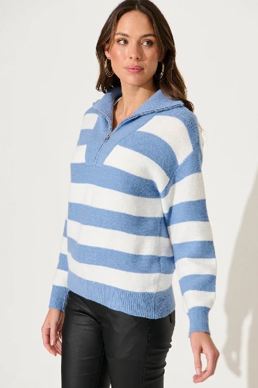 Beaumont Knit In Blue With White Stripe Wool Blend