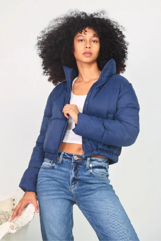 Petite Cropped Puffer Jacket (Navy)