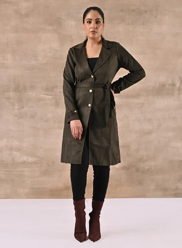 Green Full Sleeve Tie Belt Trench Coat