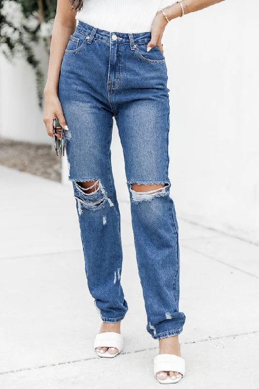 Keeley Dark Wash Distressed Straight Leg Jeans