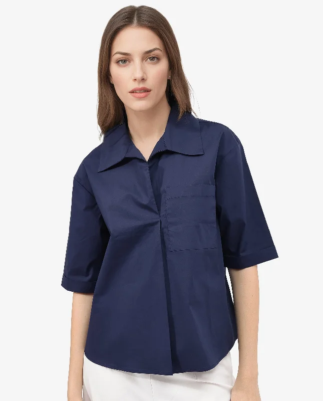 Rareism Women'S Toefil Dark Navy Cotton Fabric Collared Neck Solid Regular Fit Shirt