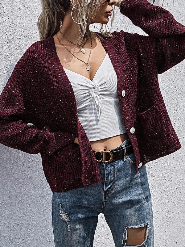 Women Solid V-Neck Button up Knitted Casual Double Pockets Cardigan Sweater